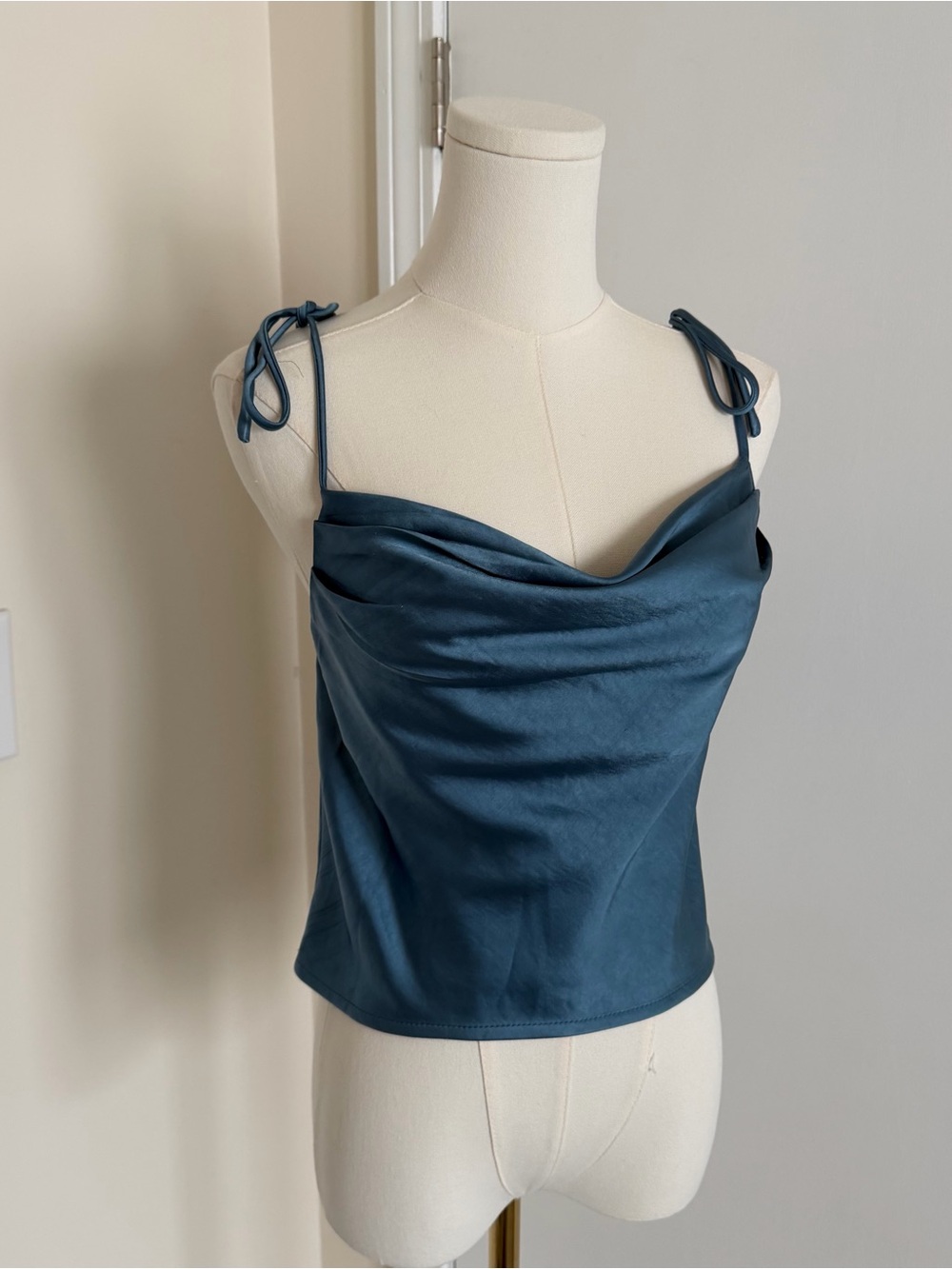 Princess Polly Slouchy Blue Satin Cowl Neck Tie Shoulder Tank Top Blouse